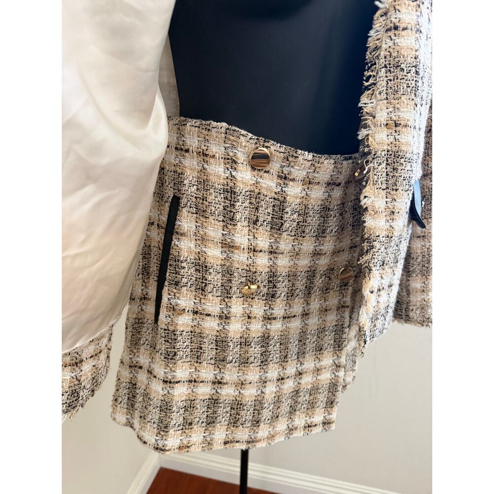 Zara Tweed Plaid Blazer + Skort Set NWOT Size S Beige Black Pockets - Picture 5 of 10